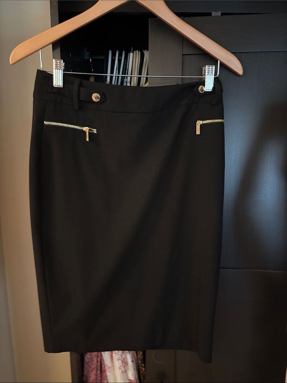 New Calvin Klein Black Pencil Skirt with Gold Zipper Accents